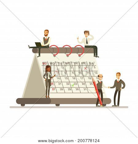 Micro busineswomen and businesmen sitting on a giant paper calendar, business team working together planning and scheduling their operations vector Illustration on a white background