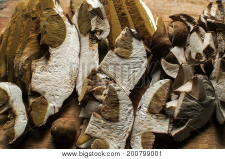 Boletus edulis porcini mushroom hat cut into slices prepared for cooking