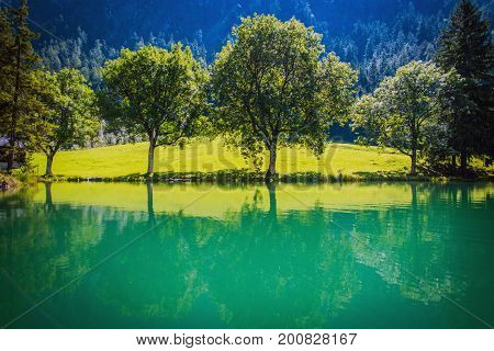 Scenic Turquoise Lake Place in Austrian Tyrol Region.