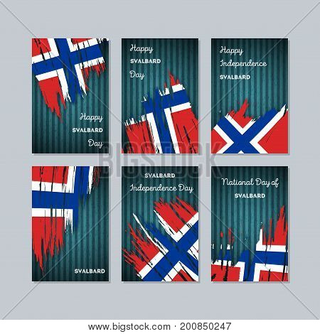 Svalbard Patriotic Cards For National Day. Expressive Brush Stroke In National Flag Colors On Dark S