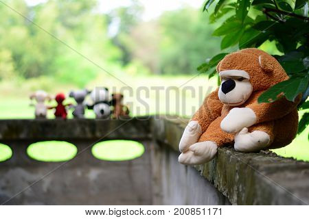 Six Dolls On Old Wall  ,dolls Friends,one Doll Feeling Lonely