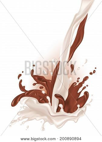 Milk and chocolate flow. Realistic splashes and drops on a white background. Chocolate milk, cocoa, milkshake, milk chocolate. Element for your design. Vector illustration.