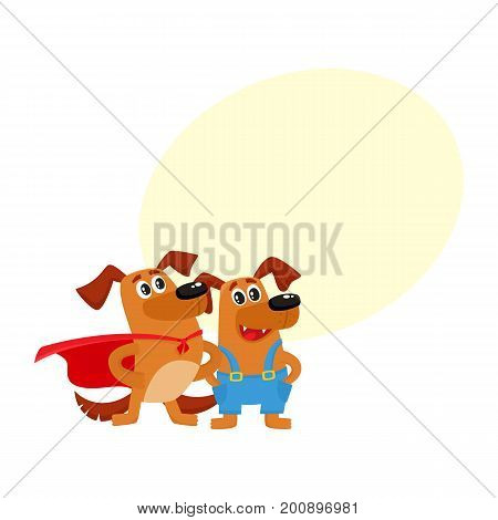 Greeting card, banner, poster template with two funny dog characters, hero and worker, cartoon vector illustration. Two funny dogs, in red cape and blue overalls, poster, banner, greeting card design