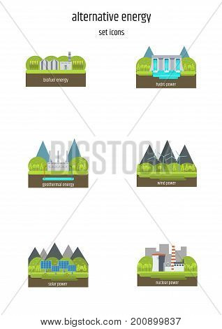 Vector set of illustrations in simple flat style - alternative and renewable energy - wind-powered electrical generators, hydroelectric station, geothermal power station ans solar panels