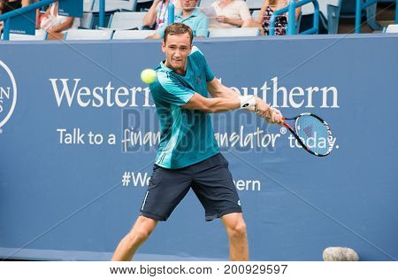 Mason Ohio - August 14 2017: Daniil Medvedev in a first round match at the Western and Southern Open tennis tournament in Mason Ohio on August 14 2017.