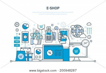 E-shop concept. Online ordering system of products, secure payment, delivery, technical support, promotion in social networks, technology. Illustration thin line design of vector doodles