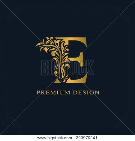 Gold Elegant Letter E. Graceful Style. Calligraphic Beautiful Logo. Vintage Drawn Emblem For Book De