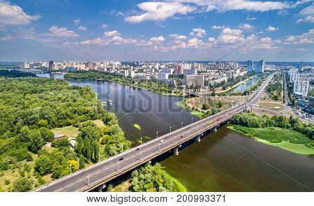 The Paton bridge and Rusanivka district of Kyiv, the capital of Ukraine