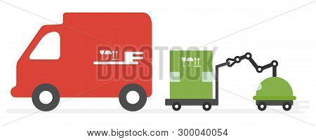 Vector Illustration With Robot Loader Loads Boxes Into A Truck. Automation Warehouse Processes. Smar