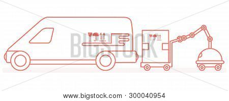 Vector Illustration With Robot Loader Loads Boxes Into A Car. Automation Warehouse Processes. Smart 