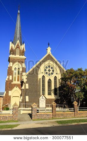 Facade Of St Paul Presbyterian Church, Built In 1881-82 In Gothic Revival Design With A Tall Steeple