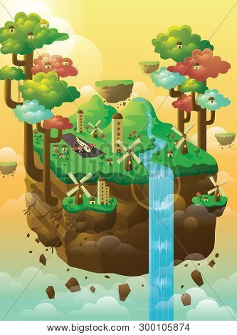 Illustration Of Floating Island With Trees And Waterfall