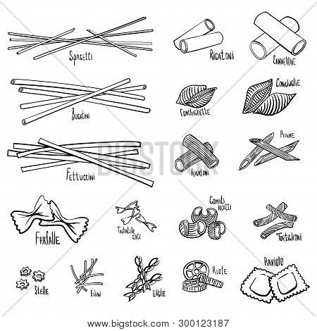 A Set Of Different Types Of Pasta In Black And White Hand-drawing Lines