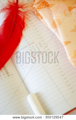 Menstruation. Pads Liners, Tampons And Calendar With Red Days On A White Background