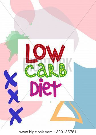 Low Carb Diet Collage Lettering. Ketogenic Eating Slogan, Phrase On Memphis Background. Healthy Nutr
