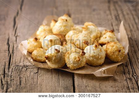 Group Of Sweet Coconut Cookies On Old Wooden Background Horizontal Tasty Coconut Dessert Homemade Co