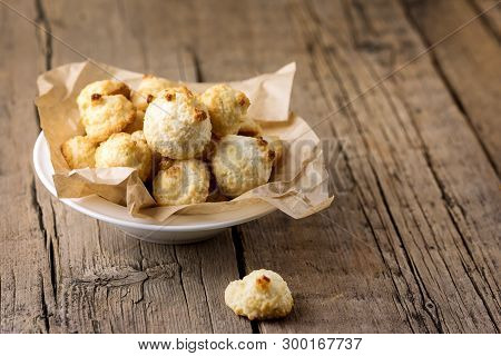 White Plate Of Sweet Coconut Cookies On Old Wooden Background Horizontal Copy Space Tasty Coconut De