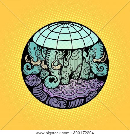 Disc Planet Earth Rests On An Elephant, And A Turtle. Comic Cartoon Pop Art Retro Vector Illustratio