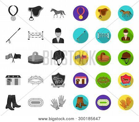 Hippodrome And Horse Mono, Flat Icons In Set Collection For Design. Horse Racing And Equipment Vecto