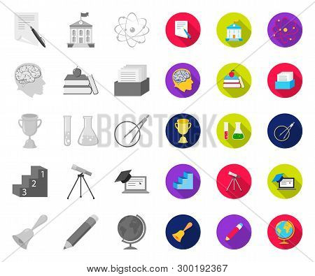 School And Education Mono, Flat Icons In Set Collection For Design.college, Equipment And Accessorie