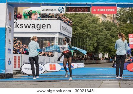 Prague, Czech Republic - May 5, 2019: Salpeter Lonah Chemtai At Marathon Finish. Woman Winner Of The