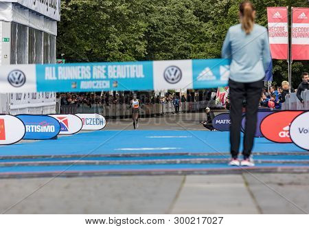 Prague, Czech Republic - May 5, 2019: Salpeter Lonah Chemtai At Marathon Finish. Woman Winner Of The