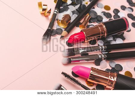 Makeup And Beauty Background. Frame Made With Different Products And Tools Such As Brushes And Lipst