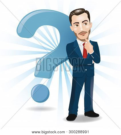 Businessman Thinking With Big Question Mark Background