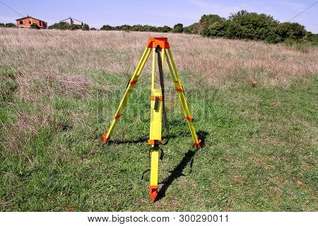 Total Station Survey Tripod. Survey Instrument Geodetic Device, Total Station Set In The Field.