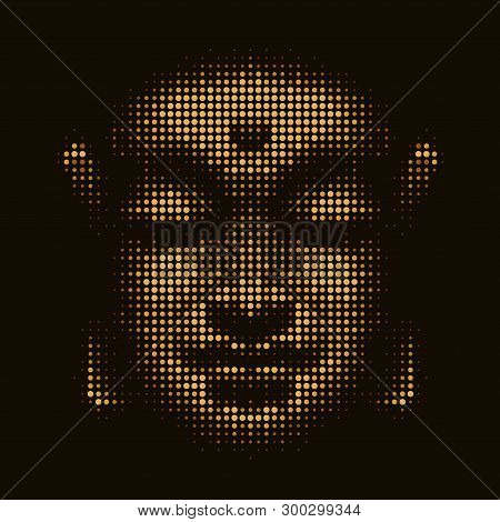 Abstract Illustration Buddha Face With Yellow Gold Colored Circles Bubbles On Black Background Textu