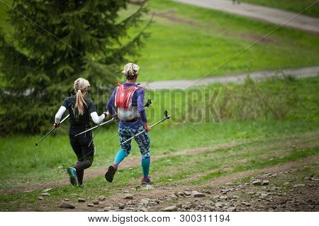 Czech Republic, Beskydy: May 2019. Perun Sky Marathon. Women Running Downhill From Javorovy Hill.