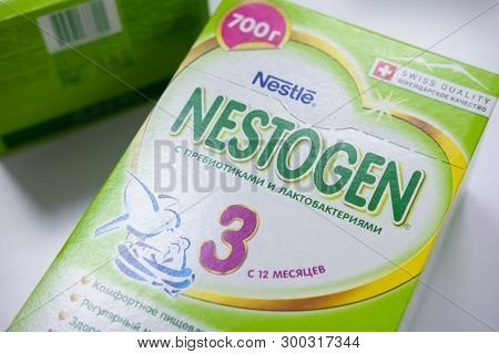 Sievierodonetsk, Ukraine - February 17, 2018: Baby Food Nestle Nestogen On White Background