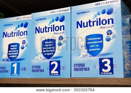 Sievierodonetsk, Ukraine - February 17, 2018: Counter Store Shelf Shop Of Baby Food Nutrilon.