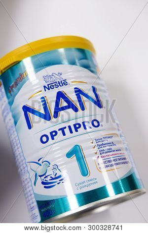 Sievierodonetsk, Ukraine - February 17, 2018: Counter Store Shelf Shop Of Baby Food Nan Nestle