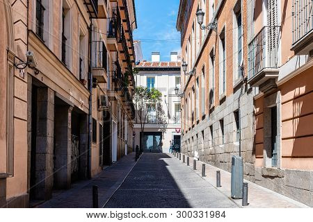 Madrid, Spain - May 2, 2019: Street In The Picturesque Quarter Of Las Letras. The Neighbourhood Is F