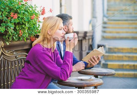 Strangers Meet Become Acquaintances. Meeting People First Date. Couple Terrace Drinking Coffee. Casu