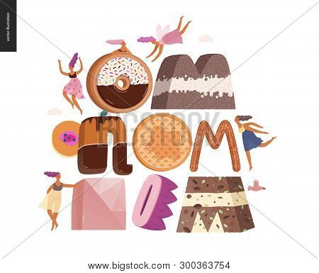 Dessert Lettering - Om-nom-nom - Modern Flat Vector Concept Digital Illustration Of Temptation Font,