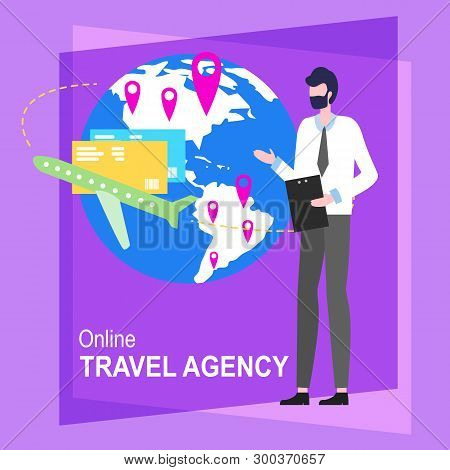 Online Travel Agency Cartoon Man Worker Vector Illustration. Male Agent Hot Ticket Tour Computer Boo