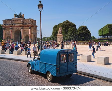 Paris, France-may 06, 2018: Ancient Blue Van - Iconic Citroen 2cv Fourgonnette, Back View. Arc De Tr