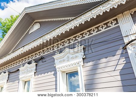 Vintage Traditional Wooden Carved Ornament Of Old House In Samara, Russia