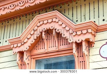 Vintage Traditional Wooden Carved Ornament Of Old House In Samara, Russia