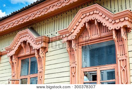 Vintage Traditional Wooden Carved Ornament Of Old House In Samara, Russia