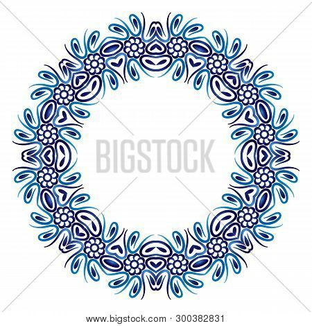 Ceramic Tile Pattern. Decorative Round Ornament. White Background With Art Frame. Islamic, Indian, A