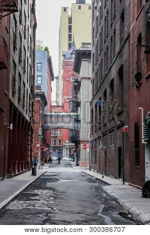 NEW YORK, NY - APRIL 30, 2019:  Staple Street Skybridge between Jay and Harrison Street.