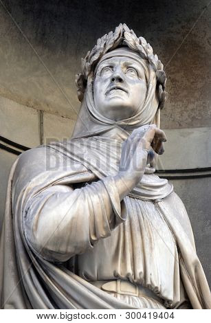 FLORENCE, ITALY - JANUARY 11, 2019: Francesco Petrarca in the Niches of the Uffizi Colonnade. The first half of the 19th Century they were occupied by 28 statues of famous people in Florence, Italy