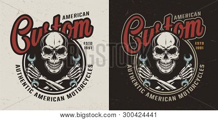 Vintage Motorcycle Repair Service Colorful Logo With Skull And Crossed Skeleton Hands Holding Wrench