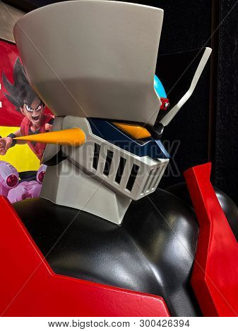 Osaka, Japan - Apr 2019 - Close Up Of Vintage Statue Of Amazing Mazinger Z Robot In Toys Shop.