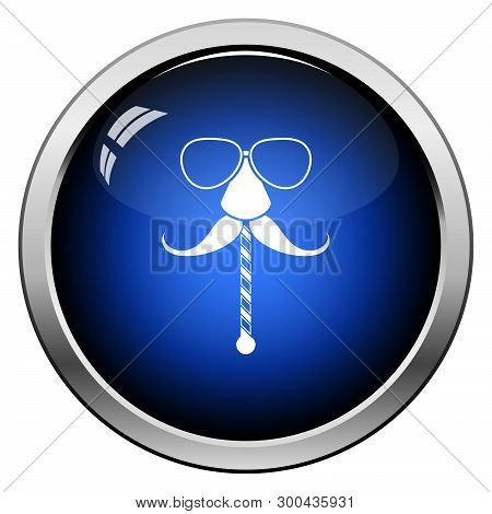 Glasses And Mustache Icon. Glossy Button Design. Vector Illustration.