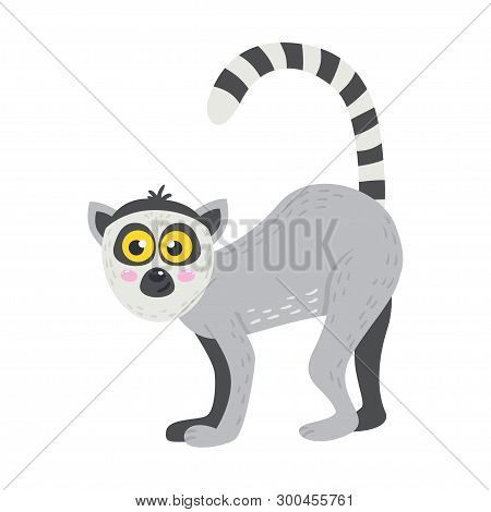 Vector Cute African Animal. Lemur. Funny Character For Kids.