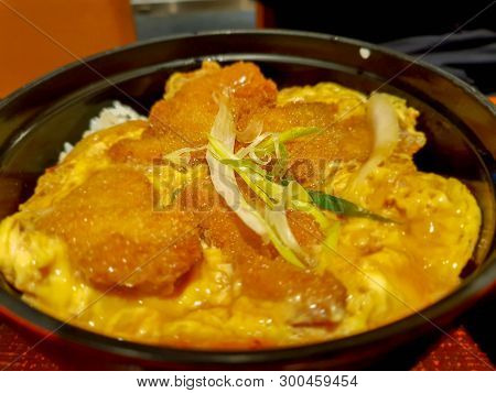 Closeup Japanese Food (katsudon) Katsudon Is Japanese Fast Food, Consisting Of Steamed Rice With Fri